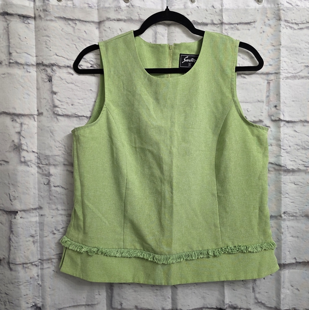 Vintage Keylime Green Sleeveless Fringe-Trim Tank Top Size 12